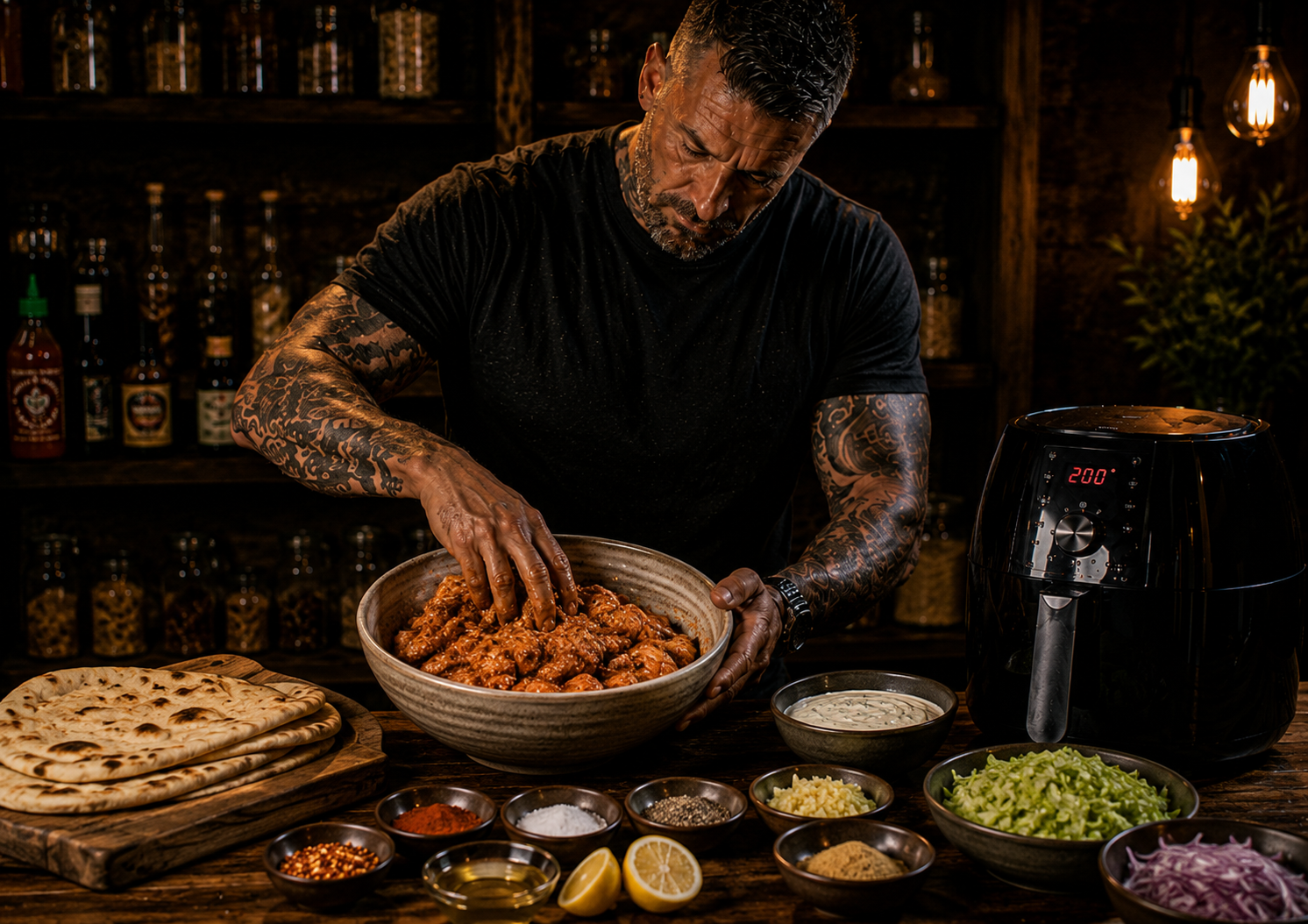Air-Fryer Garlic Chilli Chicken Naan Wraps preparation stage